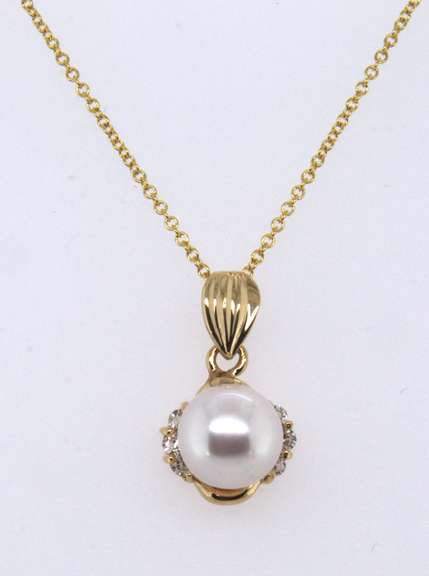 Great Yellow Gold Pearl and CZ Pendant on Chain
