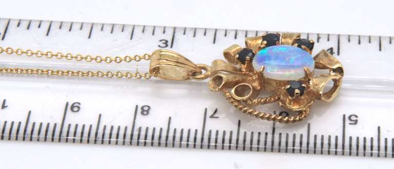 Vintage Yellow Gold Opal and Sapphire Pendant on Chain