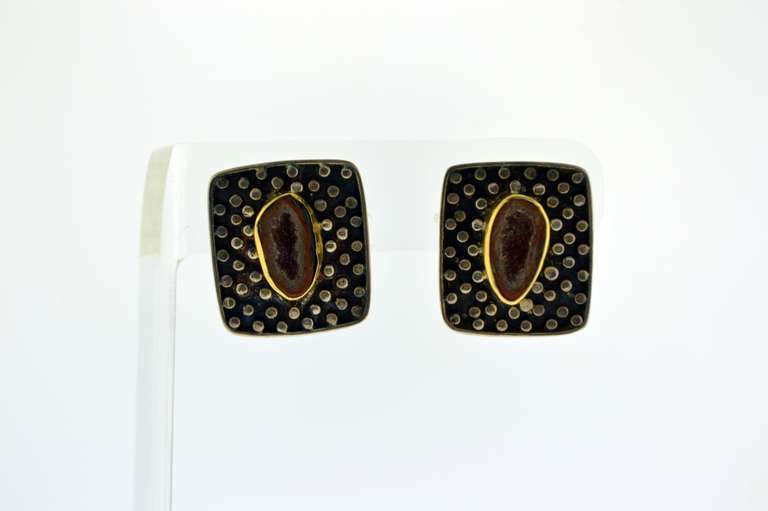 Sterling Silver River Rock Pebble And Druzy Earrings