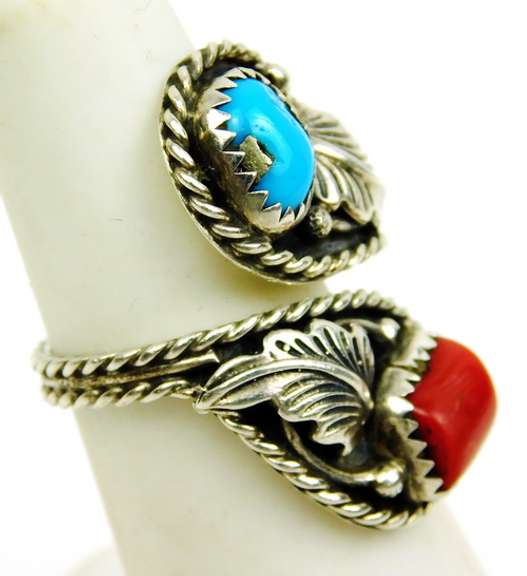 Navajo JJ Sterling Turquoise/Coral Ring, Size 6
