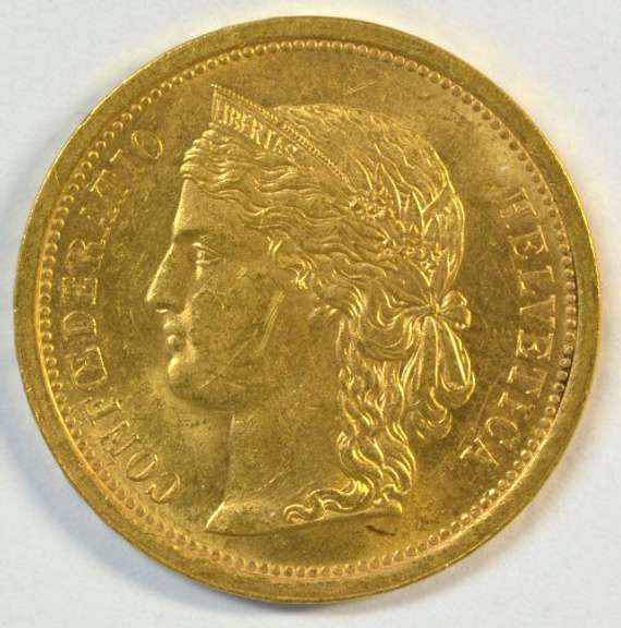 Choice BU 1886 Swiss 20 Francs Gold Piece. 1st year issue