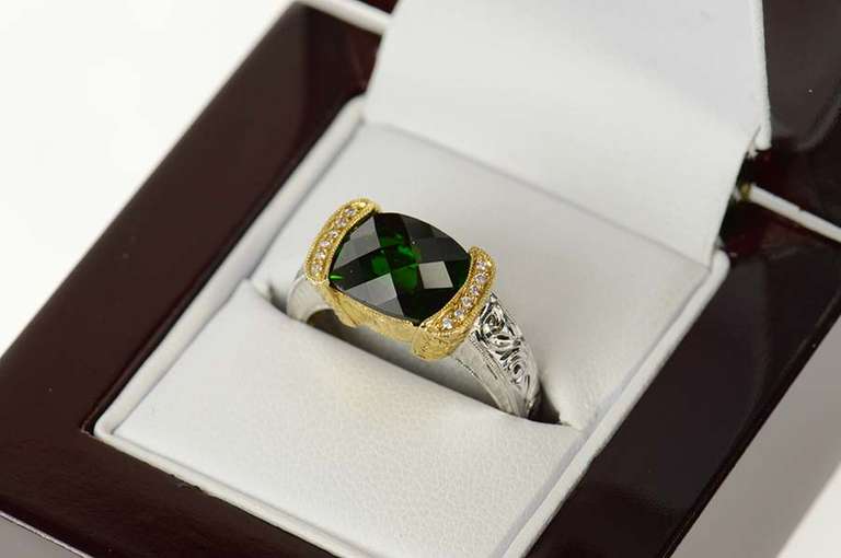 14K White Gold Green Tourmaline Diamond Two Tone Etched Ring