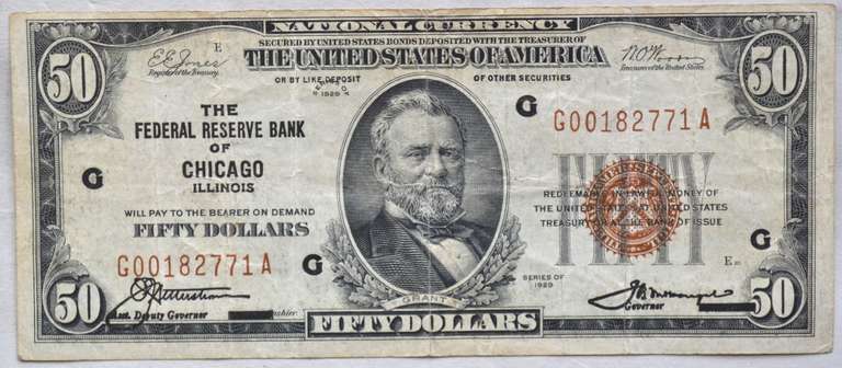 $ 50 Fed Reserve  Bank Chicago Series 1929 National Note