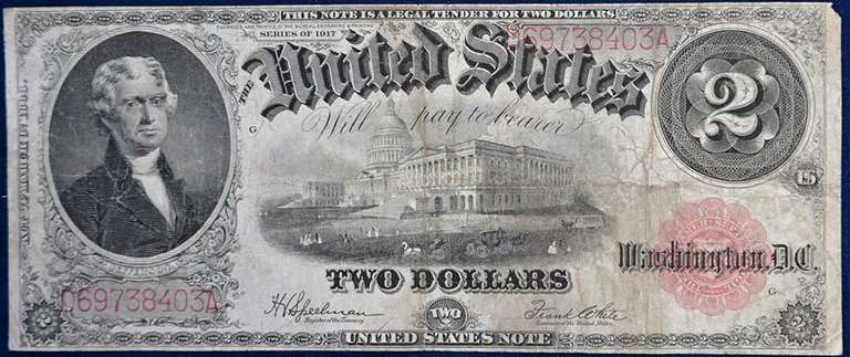 Series Of 1917 $2, Circulated.