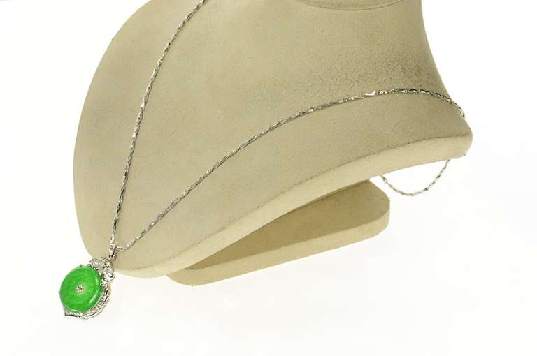 18K White Gold Jadeite Retro Ornate CZ Statement Chain Necklace
