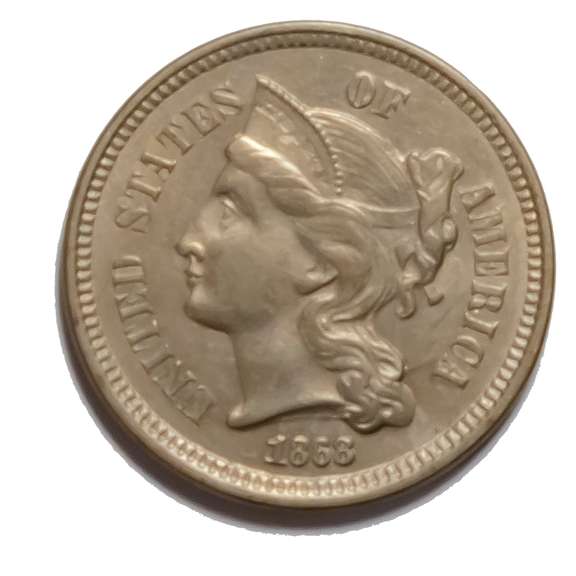 1868 Huge Die Clash 3 Cent Nickel