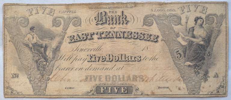 $ 5 Bank Of East Tennessee 1840 s 50 s Era Note