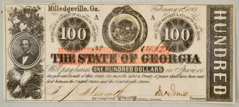 Confederate States Bold Jan 2 1863 $ 100 State of Georgia Note