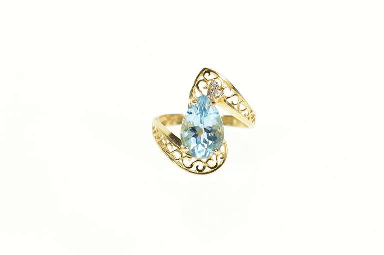14K Yellow Gold Pear Blue Topaz Diamond Accent Bypass Ring