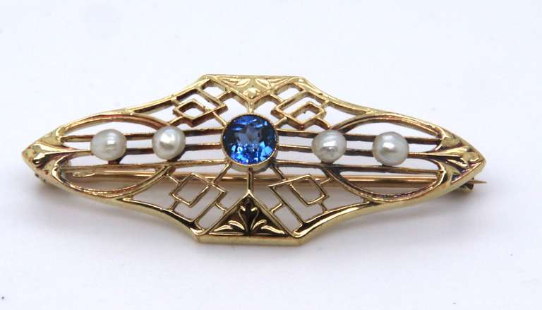 Antique 14kt Yellow Gold Blue Sapphire and Pearl Brooch