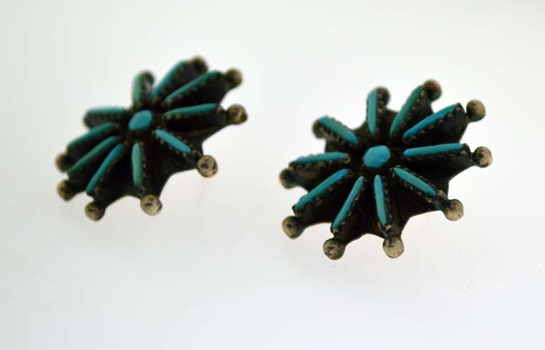 Vintage Sterling Starburst Flower Turquoise Earrings