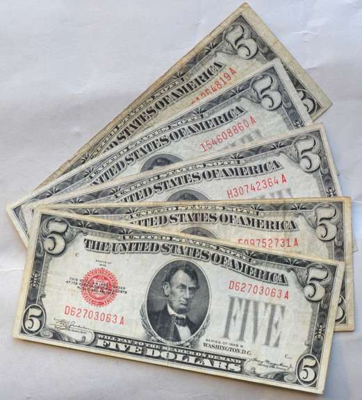8 1928 BCEF Series $5  Red Seal US Notes