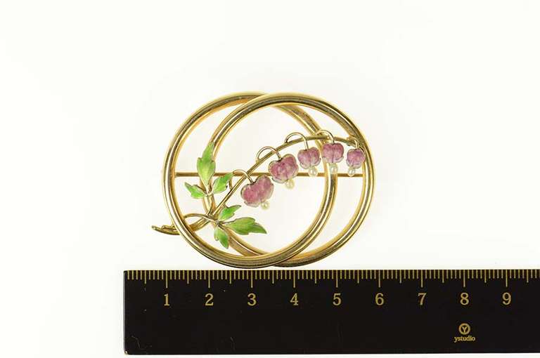 14K Yellow Gold Victorian Enamel Seed Pearl Foxglove Flower Pin/Brooch