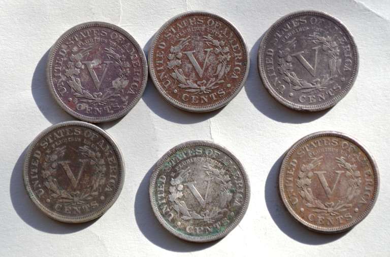 6 Red Near Full /Full Liberty V Nickel Lot
