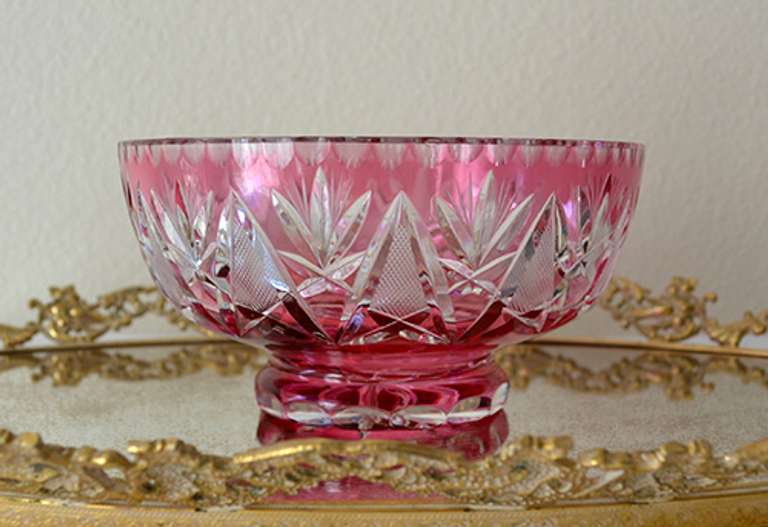 Gorgeous Heavy Bohemia Czech Cut to Clear Light Ruby Red Footed Bowl, Candy Dish, Valentine's Day Gift