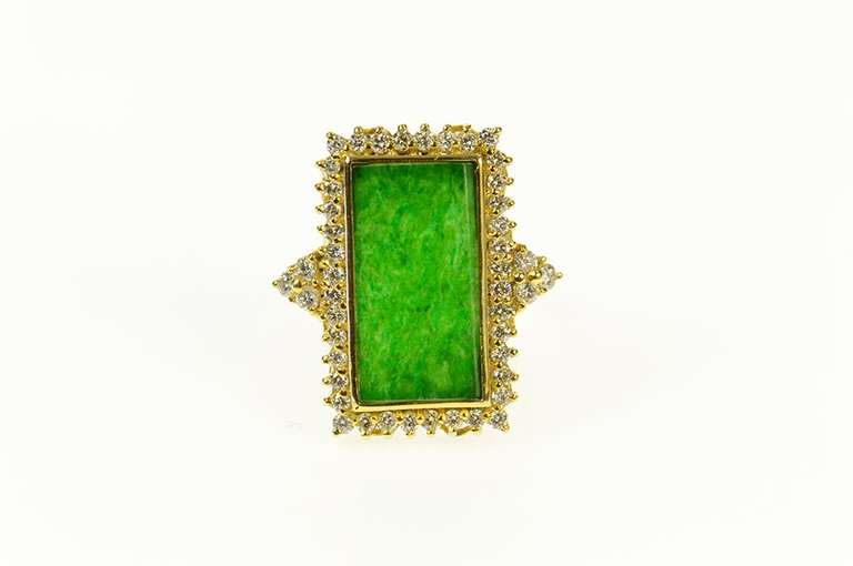 14K Yellow Gold Jade Diamond Halo Cluster Accent Statement Ring