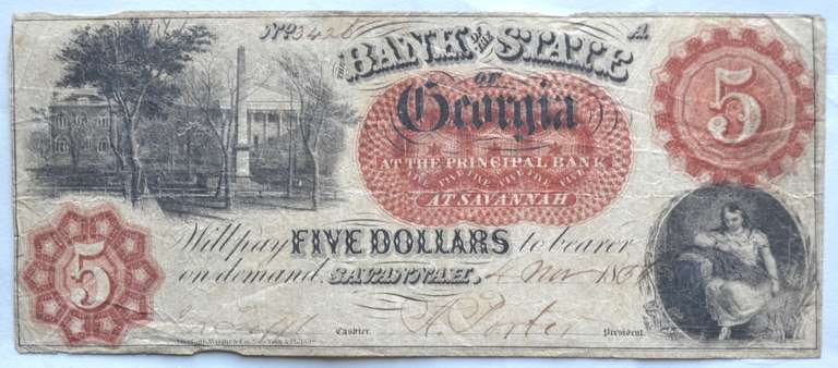 $ 5 State Of Georgia Savannah Nov 4 1859  Note