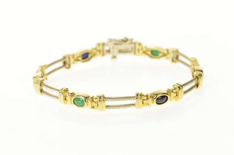 14K Yellow Gold Emerald Ruby Sapphire Two Tone Bar Bracelet