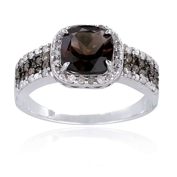 Sterling Silver 1/2 ct tdw Champagne Diamond & 3.3ct TGW Smokey Quartz Ring