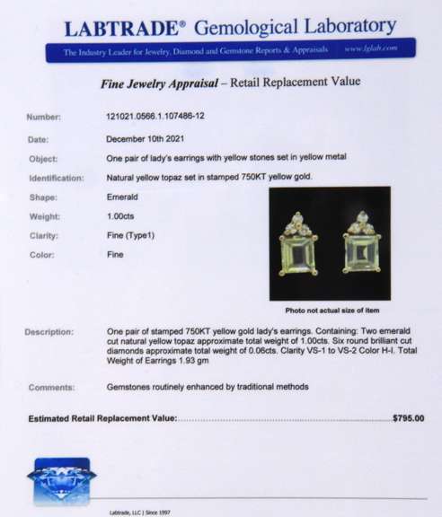 Nice 18kr Emerald cut Yellow Topaz and Diamond Earrings