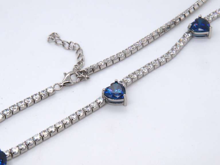 Blue Heart Shaped Cubic Zirconia w White Cubic Zirconia Necklace