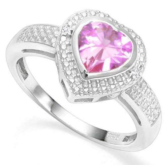 925 STERLING SILVER HS 7MM CREATED PINK SAPPHIRE & DIAMOND WOMEN RING