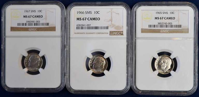 Lot Of 3 SMS 10C MS67 CAMEO. 65', 66', 67'. NGC