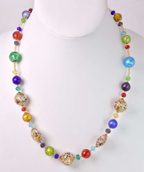 Extravagant Italian Made, Hand Blown Art Glass and Gold Necklace