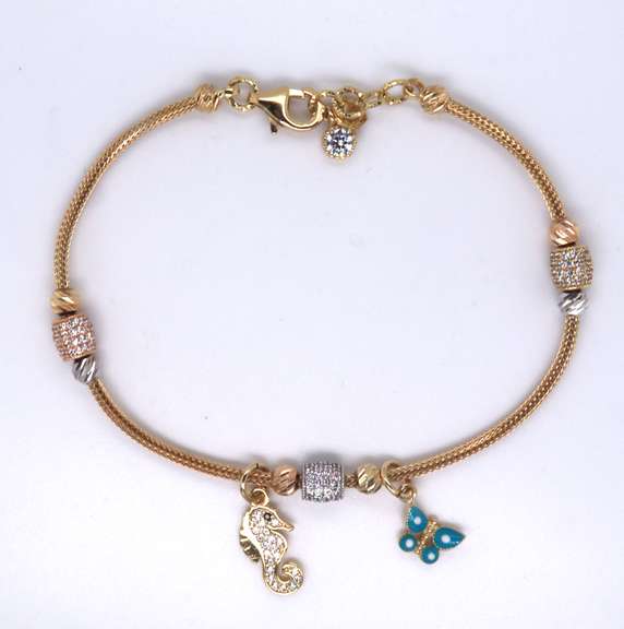 Dreamy Yellow Gold CZ Station Bracelet w Charms