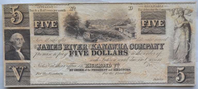 $ 5 March 13 1862 Series Virginia Treasury Note