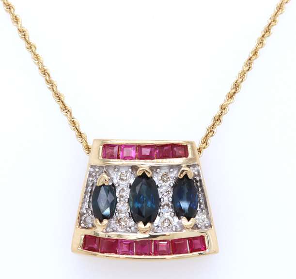 Charming Yellow Gold Blue Sapphires and Rubies Necklace