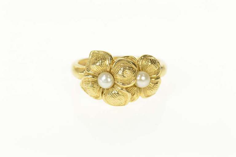 14K Yellow Gold Pearl Dogwood Flower Ornate Statement Ring