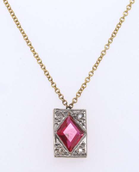 Vintage Yellow Gold Diamond and Ruby Flag Leatter Pendant on Chain