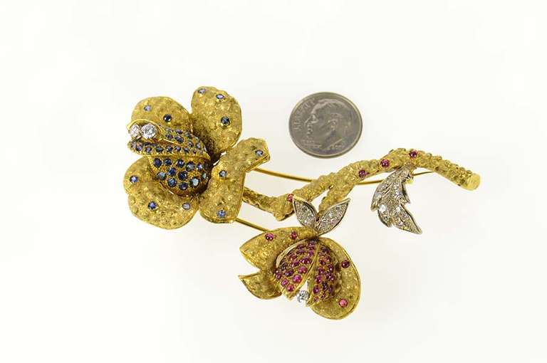 18K Yellow Gold 1960's Pave Sapphire Ruby Diamond Flower Pin/Brooch