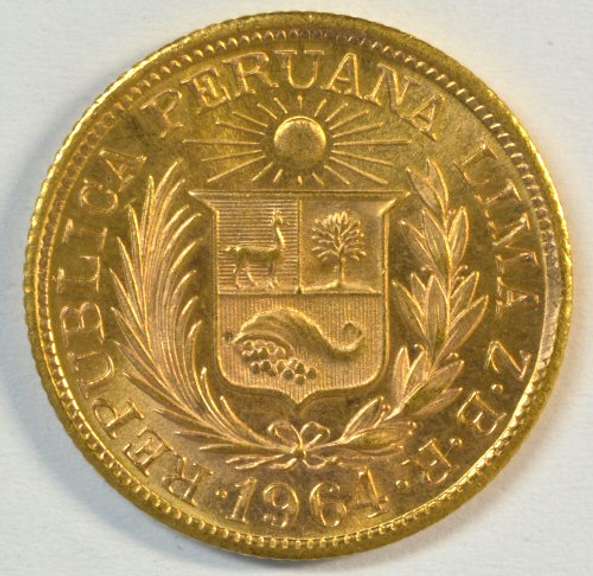Superb Gem BU 1964 Peru One Libra Gold Piece
