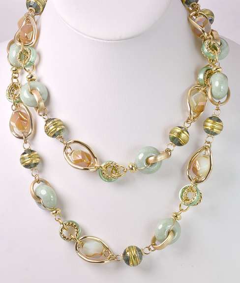 Dreamy Italian Made Hand Blown Art Glass and Gold Links Long Necklace