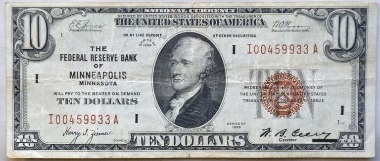 Clean 1929 $10 Minneapolis National Series Note
