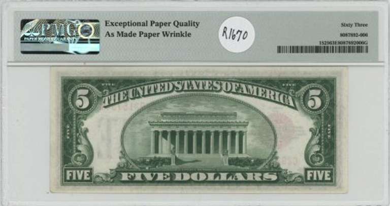 Choice Crisp Uncirculated 1928 $5 Note. PMG-63 EPQ