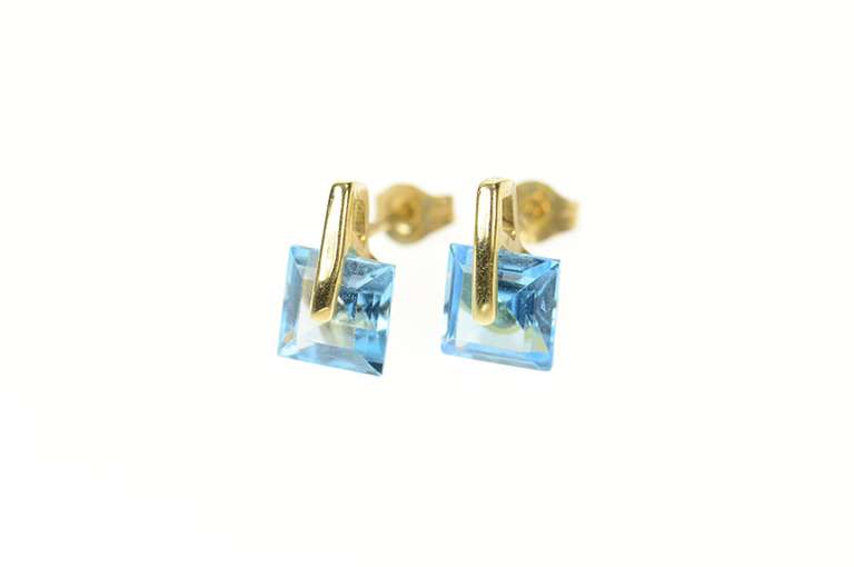 10K Yellow Gold Square Princess Blue Topaz Geometric Stud Earrings