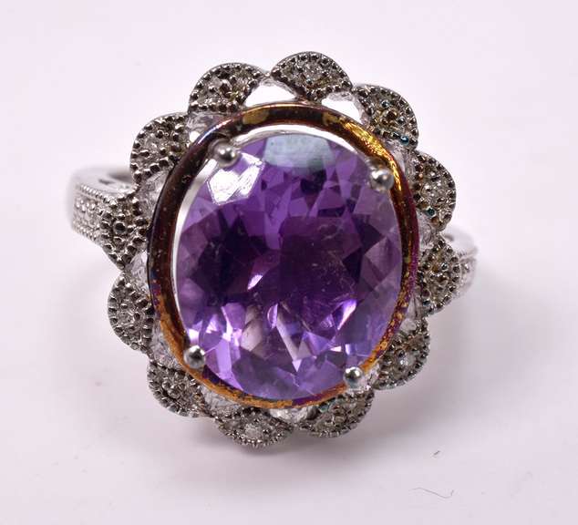 Magnificent Large Amethyst Set in Sterling Silver Ring with Diamond Accents.