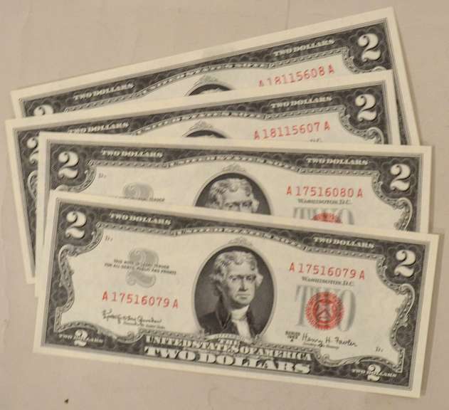 2 Pair Consecutive 1963 A CH CU $ 2 Red Seal US Notes