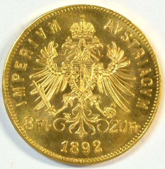 Superb Gem BU 1892 Austria 8 Florin, 20 Francs Gold Coin