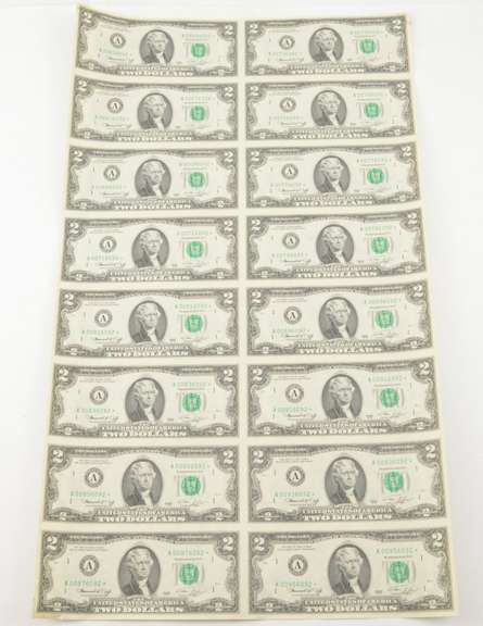 Lot (16) 1976 Star Error $2 Boston, MA United States FRN Uncut Sheet