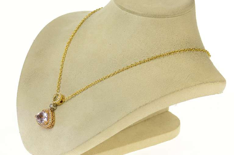 14K Yellow Gold 7.05 Ctw Morganite Diamond Halo Drop Necklace