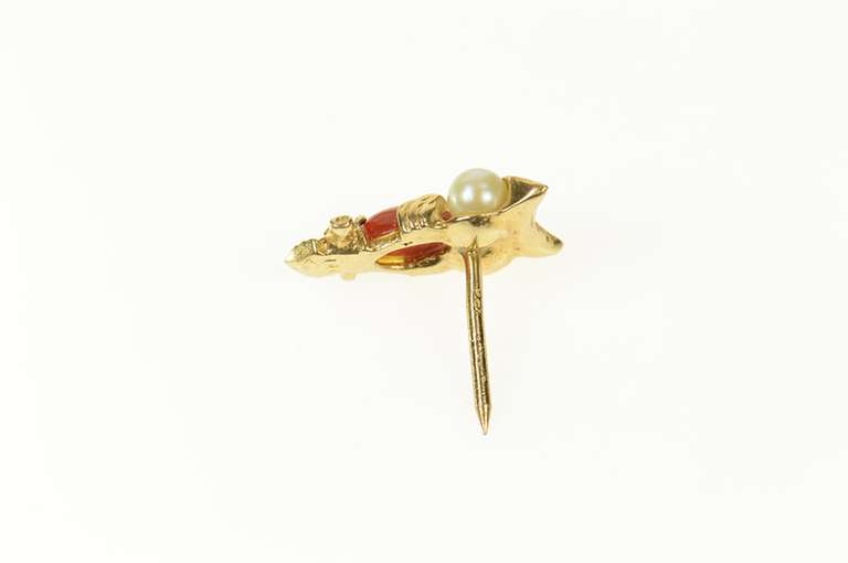 14K Yellow Gold Retro Pearl Coral Owl Bird Wisdom Lapel Pin/Brooch