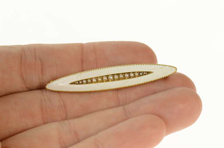 14K Yellow Gold Victorian Seed Pearl White Enamel Bar Pin/Brooch