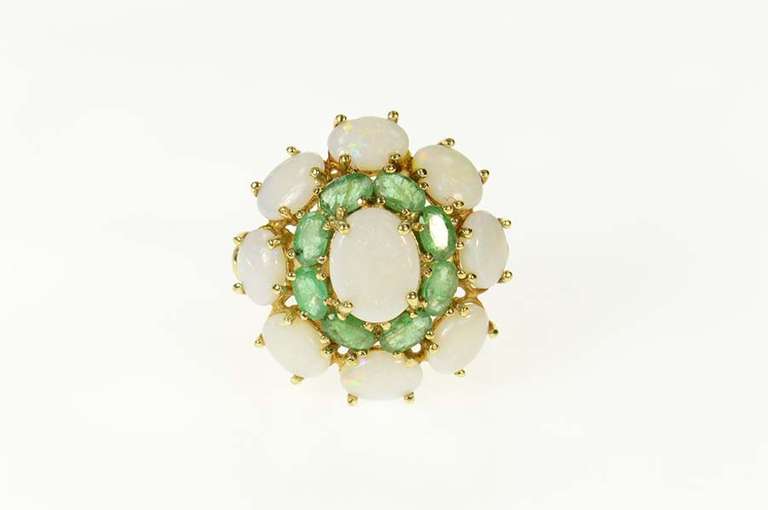 10K Yellow Gold Natural Opal Emerald Halo Retro Cocktail Ring