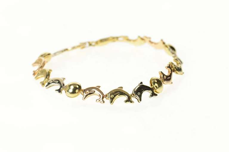 10K Yellow Gold Tri Tone Dolphin Link Beach Ocean Motif Bracelet