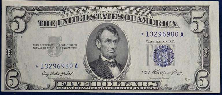 Series 1953 $5 Silver Certificate Star Note, Uncirculated.