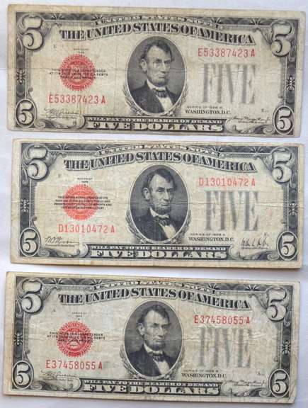 3 1928 Series Red Seal $ 5 US Notes